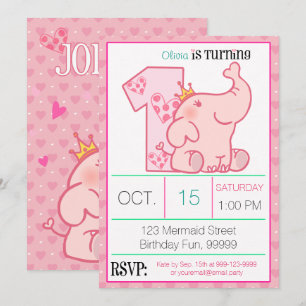 Princess Pink Elephant 1st Birthday Party Custom Invitation