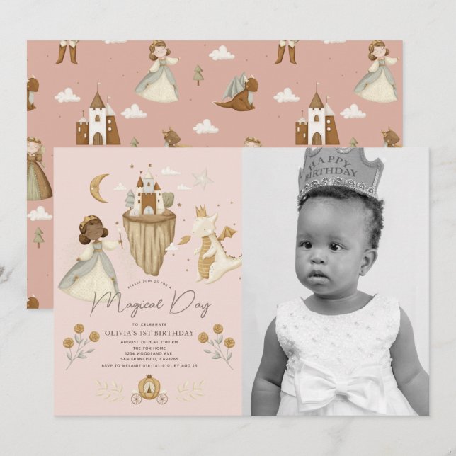 Princess Pink Fairytale Dark Skin 1st Birthday Invitation (Front/Back)