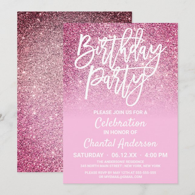 Princess Pink Faux Glitter Ombre Birthday Invitation (Front/Back)