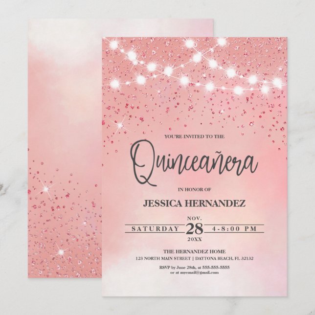 Princess Pink Glitter Sparkles Lights Quinceañera Invitation (Front/Back)