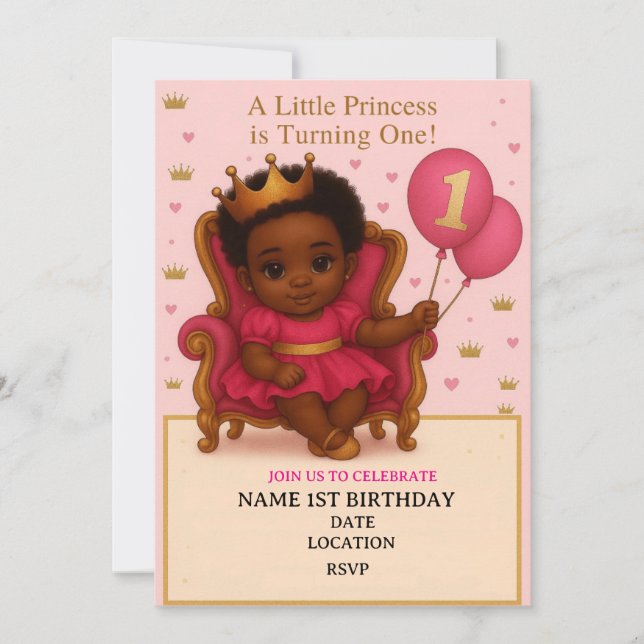 Princess Pink & Gold 1st Birthday Invitation (Devant)