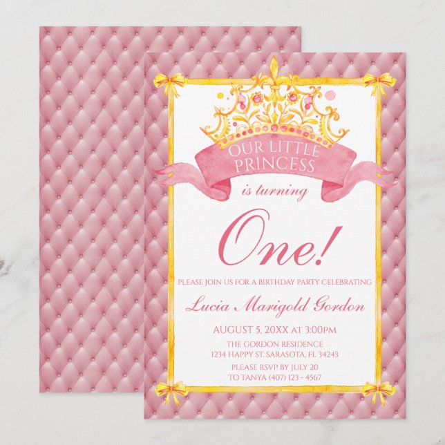 Princess Pink Gold Crown First Birthday Party Invitation (Front/Back)