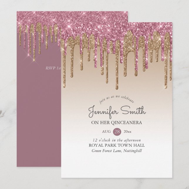 Princess PINK GOLD Dripping Glitter QUINCEANERA Invitation (Front/Back)