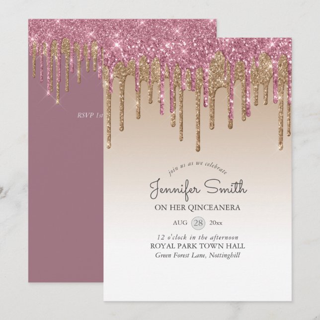 Princess PINK GOLD Dripping Glitter QUINCEANERA Invitation (Front/Back)