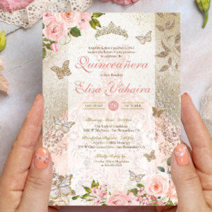 Princess Pink Gold Rose Butterfly Glam Quinceanera Invitation