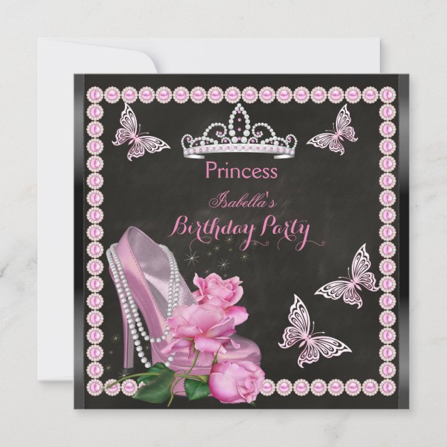 Princess Pink High Heel Rose Pearl Chalkboard Invitation (Front)