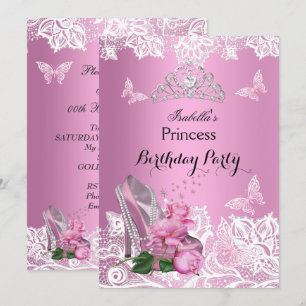 Princess Pink High Heel Roses Lace Birthday Party Invitation