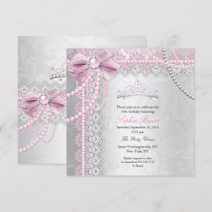 Princess Pink Pearl Bow Lace Silver Birthday Party Invitation