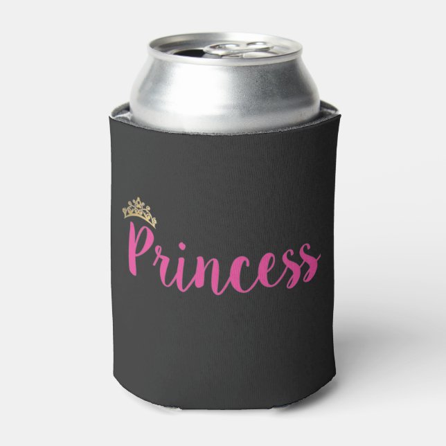 Princess Pink Script Font Crown Can Cooler (Can Front)
