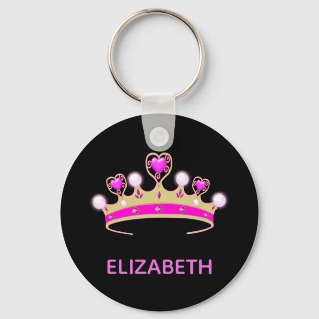 Princess pink tiara black name girl keychain (Front)