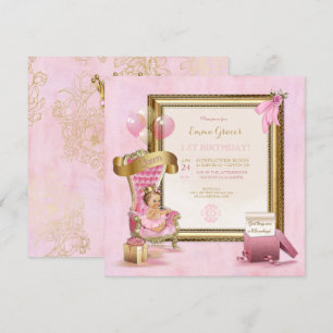 Princess Pink Velvet Throne Gold Crown Birthday Invitation