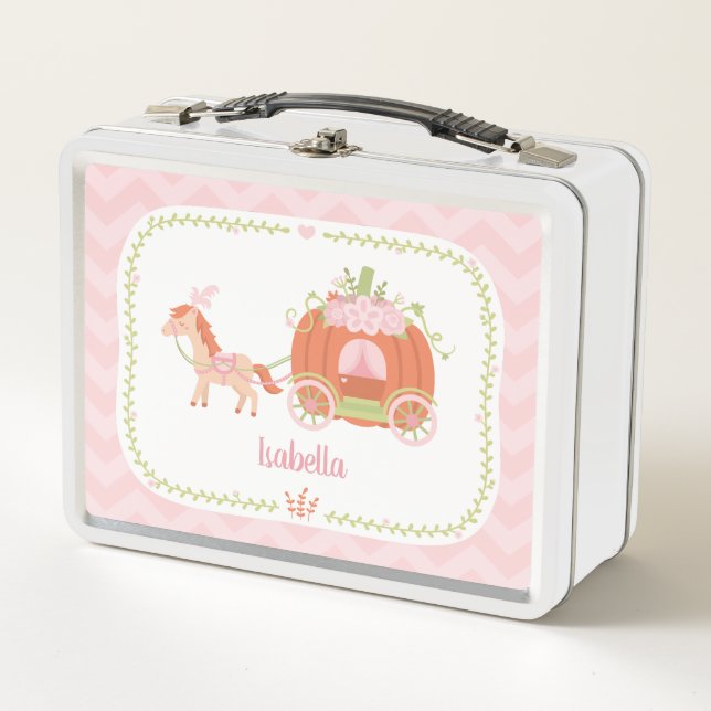 Princess Pumpkin Carriage Girl Personalized Metal Lunch Box (Front)