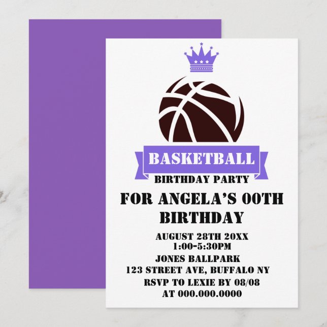Princess Purple Basketball Birthday Party Invites (Front/Back)
