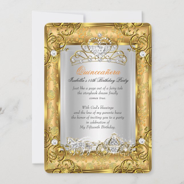 Princess Quinceanera 15th Birthday Gold Damask Invitation (Front)