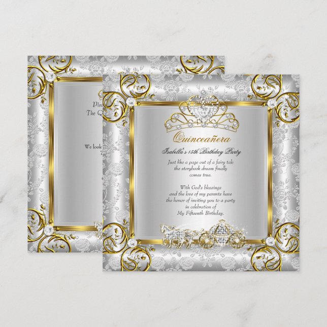 Princess Quinceanera 15th Birthday Gold Silver Invitation (Front/Back)