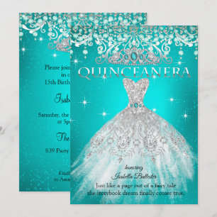 Princess Quinceanera 15th Birthday Teal Blue Tiara Invitation