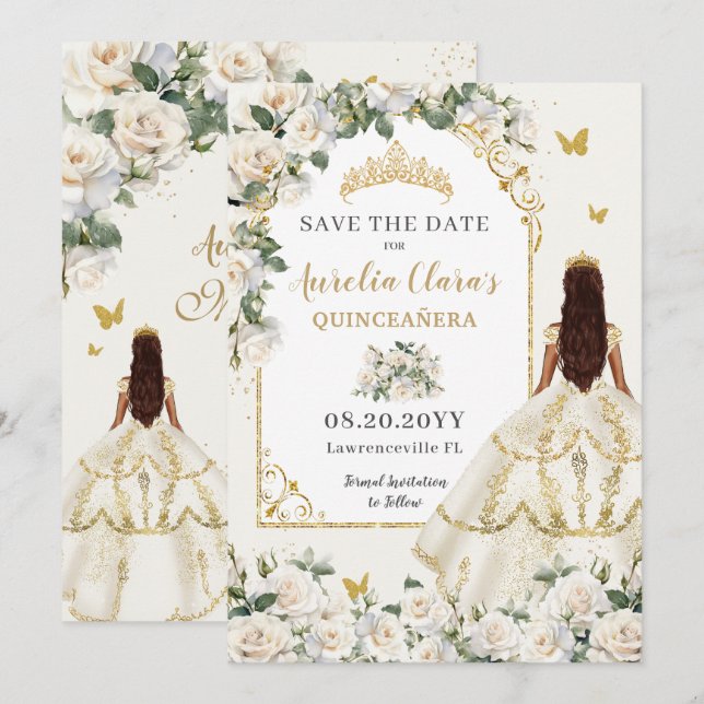 Princess Quinceañera Champagne Ivory Roses Dress Save The Date (Front/Back)