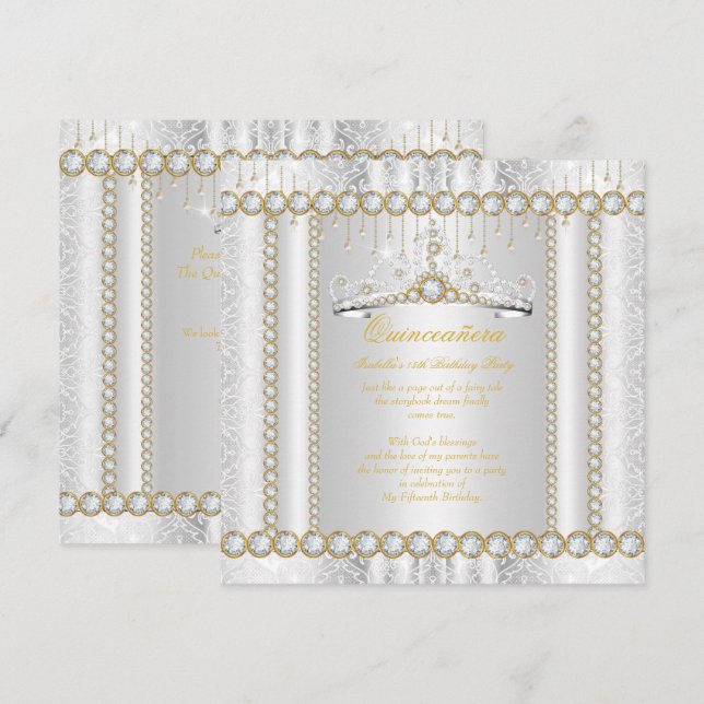 Princess Quinceanera Diamond Lace Gold White Invitation (Front/Back)