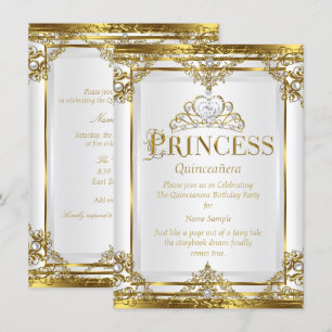 Princess Quinceanera Elegant Gold White Pearl 2 Invitation