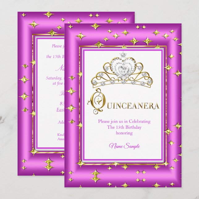 Princess Quinceanera Gold Purple Pink Birthday Invitation (Front/Back)