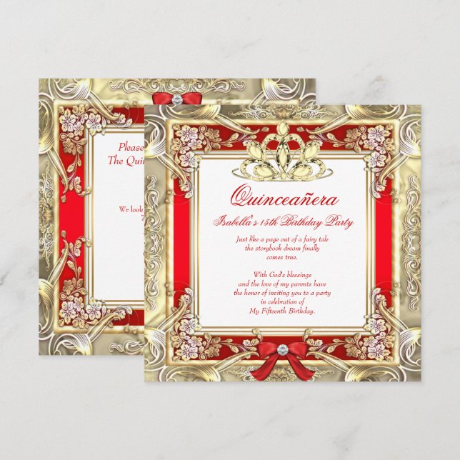 Princess Quinceanera Gold Red Silver White Invitation (Front/Back)