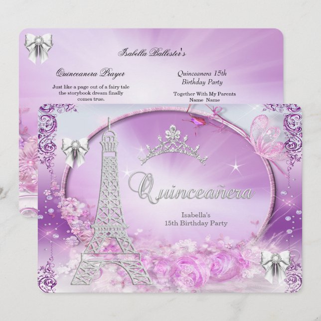 Princess Quinceanera Magical Purple Silver Invitation (Front/Back)