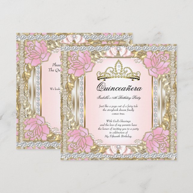 Princess Quinceanera Pink Gold 15th Birthday 2 Invitation (Front/Back)
