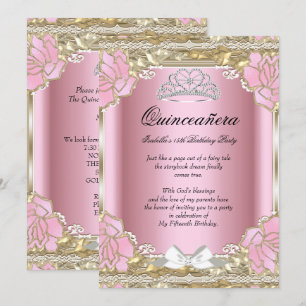 Princess Quinceanera Pink Gold 15th Birthday Tiara Invitation
