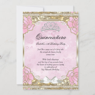 Princess Quinceanera Pink Gold Birthday Tiara Invitation