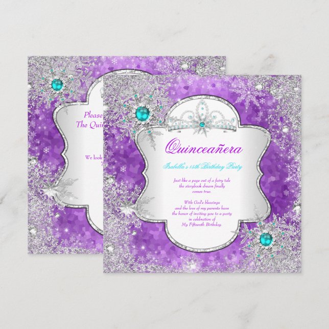 Princess Quinceanera Purple Teal Winter Wonderland Invitation (Front/Back)