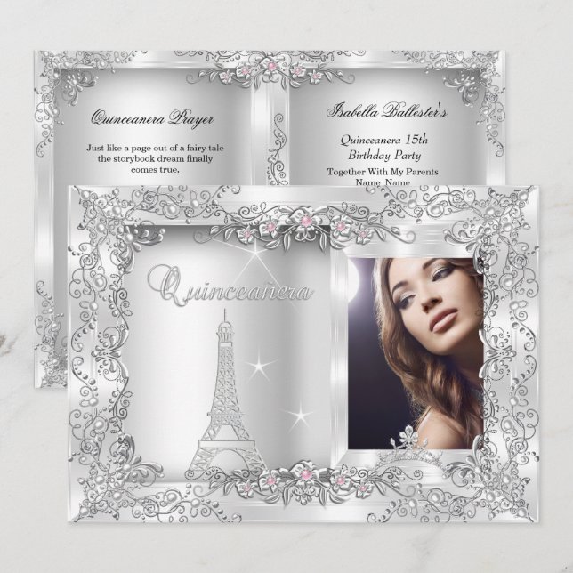 Princess Quinceanera Silver Photo Party Invitation (Front/Back)