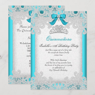 Princess Quinceanera Teal Blue Lace Invitation