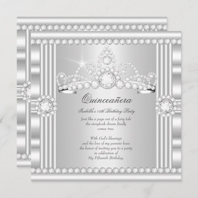Princess Quinceanera Tiara Silver White Satin Invitation (Front/Back)