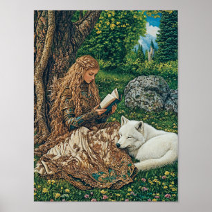 Princess Reading by her Wolf Pet Poster