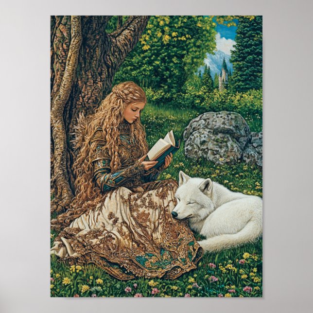 Princess Reading by her Wolf Pet Poster (Front)