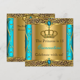 Princess Regal Teal Leopard Quinceañera Party Invitation