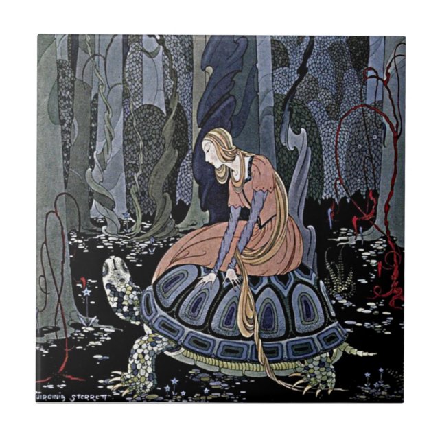 Princess Rides a Turtle Enchanted Magic Witch Art Tile (Front)