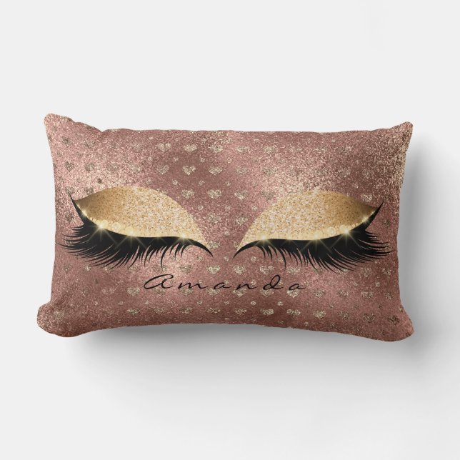 Princess Rose Gold Glitter Lashes Name Hearts Lumbar Pillow (Front)