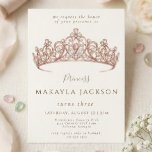 Princess Rose Gold Watercolor Crown tiara Birthday Invitation