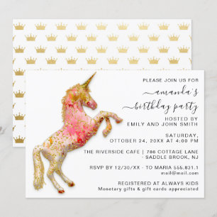 Princess Royal Crown Gold Glitter Pink Unicorn  Invitation
