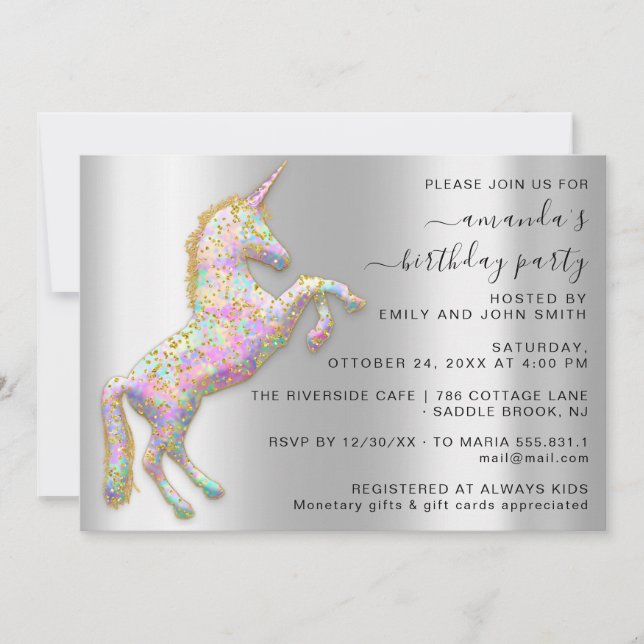 Princess Royal Gold Glitter Unicorn Pink Silver Invitation (Front)