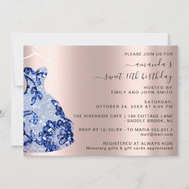 Princess Royal Rose Dress Sweet 16th Blue Navy  Invitation (Front)