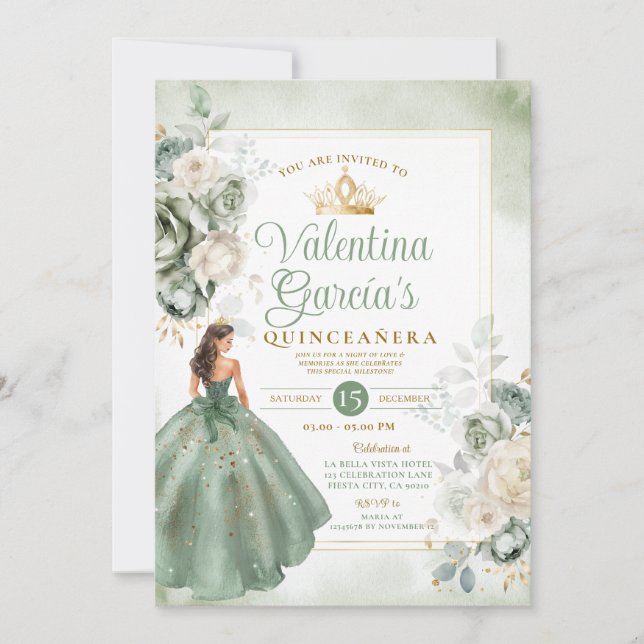 Princess Sage Green Quinceañera 15 Anos Gold Crown Invitation (Front)