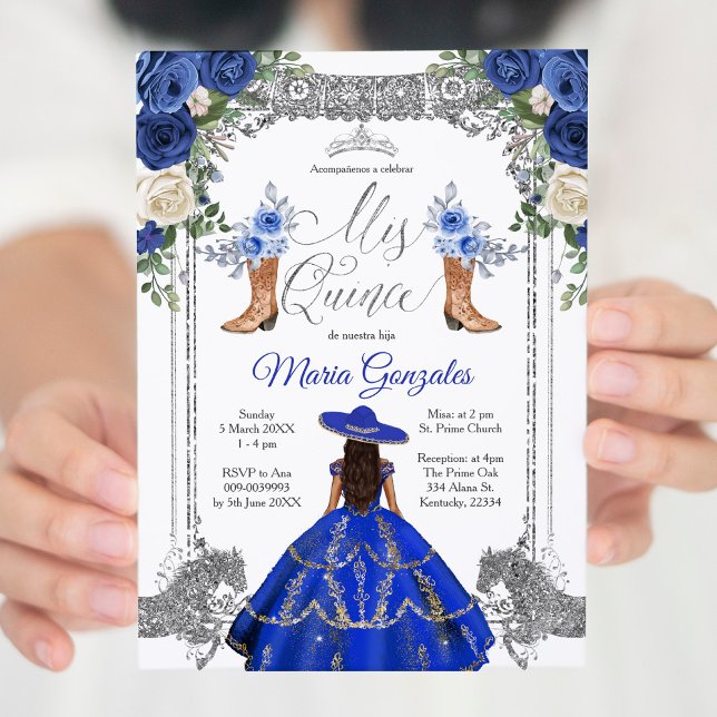 Princess Silver Navy Boots Charra Mis Quince 2 Invitation (Creator Uploaded)