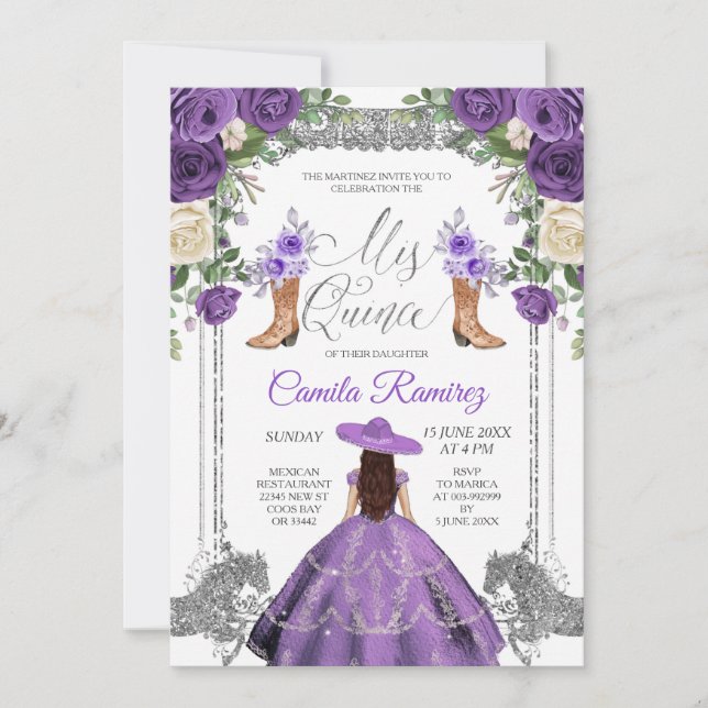 Princess Silver Purple Spanish Girl Sweet 15th Invitation (Front)