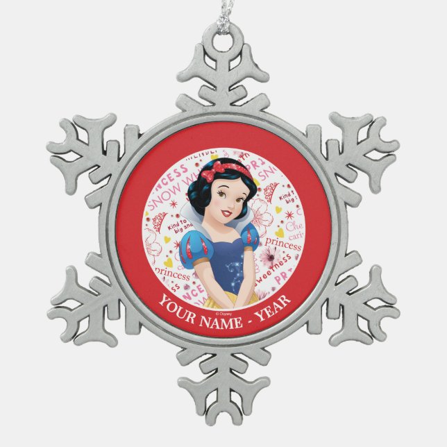Princess Snow White | Crossing Arms Add Your Name Snowflake Pewter Christmas Ornament (Front)