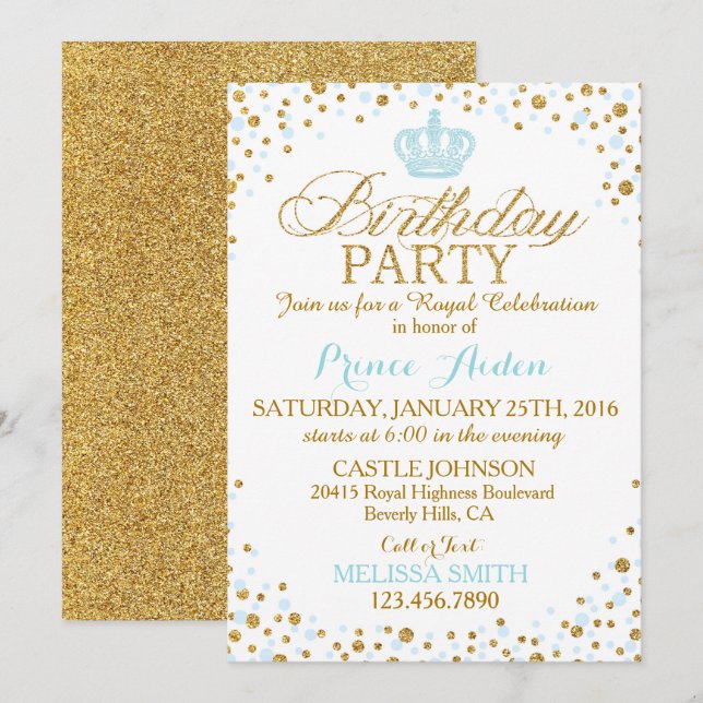 Princess Sparkle Blue and Gold Glitter Birthday Invitation (Front/Back)
