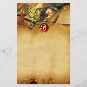PRINCESS  ST.GEORGE DRAGON,Parchment Ruby Monogram Stationery