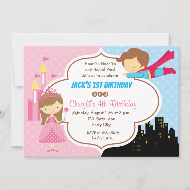 Princess Superhero Twins Birthday Invitations (Front)