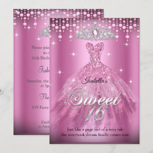 Princess Sweet 16 Birthday Pink Dress Tiara  Invitation